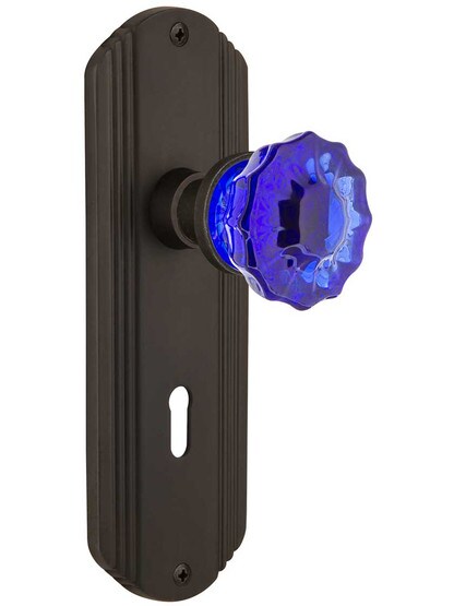Streamline Deco Mortise Lock Set with Colored Fluted Crystal Glass Knobs Cobalt Blue in Oil-Rubbed Bronze.